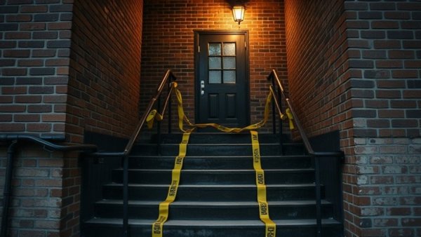 Entrance of brick building with caution tape during Stuy Town Safety Town Hall.