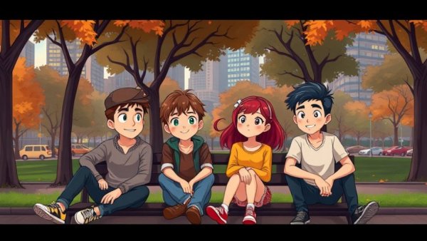 Animated scene from MTV's Downtown showing four characters in a city park.