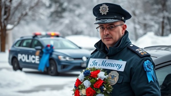 Minnesota police tribute: memorial car and officer portrait.