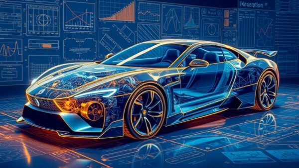 Futuristic car blueprint with glowing components and digital overlay.