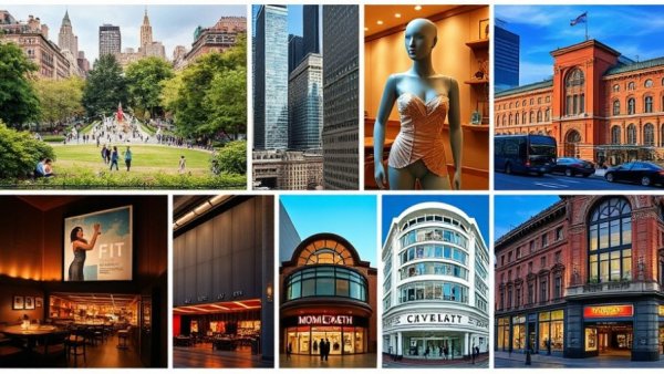 NYC cultural highlights and dining spots collage.