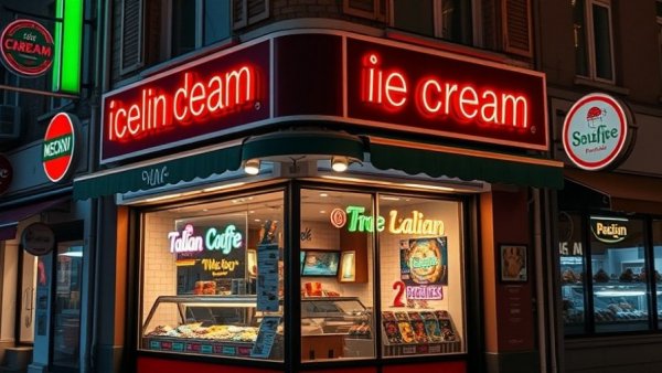 Ralph's Famous Italian Ices storefront reopening at night with neon signs.