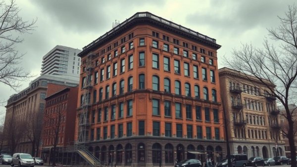 Closure of the Bellevue Shelter, historic brick building with scaffolding on an overcast day.