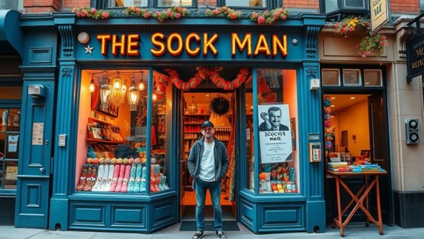 The Sock Man NYC store front, vibrant colors and signage.