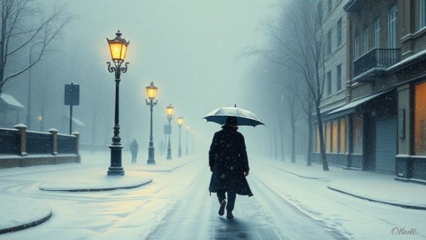 Childe Hassam New York Blizzard Painting captures mysterious figure in snow.