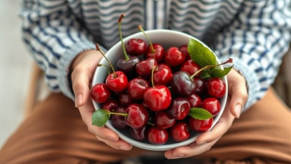 Overhead view of cherries in a bowl, held by a person in striped shirt. Dark sweet cherries and breast cancer focus.