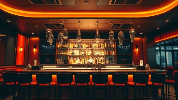 Elegant restaurant bar interior, empty stools suggest Closure of Elmo restaurant in Chelsea.