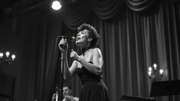 Vintage jazz singer in Greenwich Village passionately performing on stage.