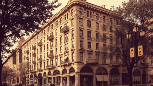 Vintage Hendrik Hudson building illustration depicting its architectural elegance.