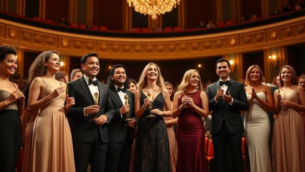 2026 Oscars winners celebrating onstage in elegant attire.