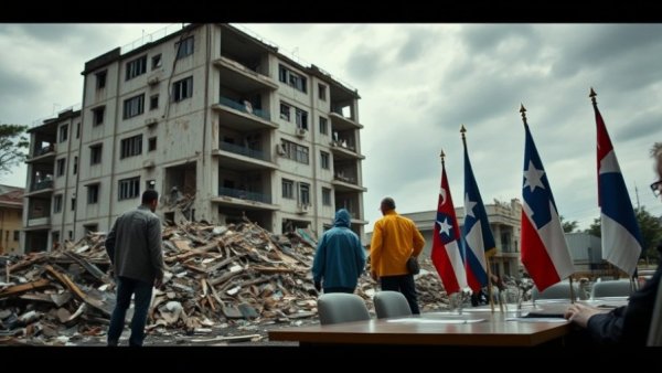 Cuba blackouts unrest with collapsed building and concerned figure.