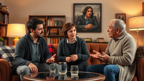 Ulster American comedy performance in a cozy living room set.