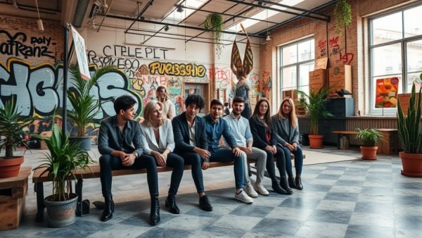 Brkln Bloke Pop-Up at Grand Central art installation with stylish individuals relaxing.