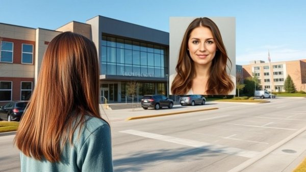 Colorado school building exterior and woman's portrait