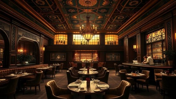 Luxurious Ambassadors Clubhouse bar and dining area, ornate and warm.