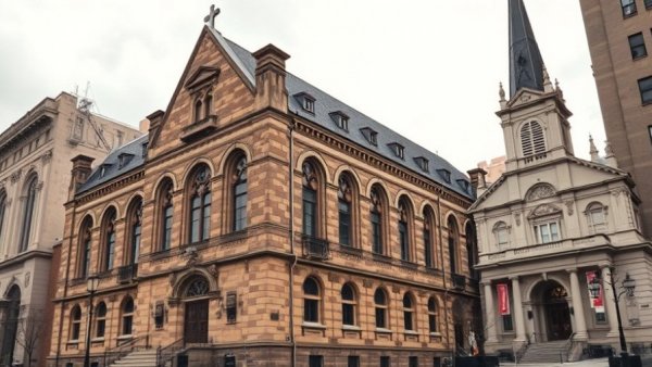 Stone Catholic school and cathedral highlighting Manhattan closure.