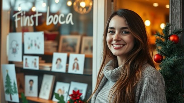 Young woman by Spiral Books Children's Literature store window display.