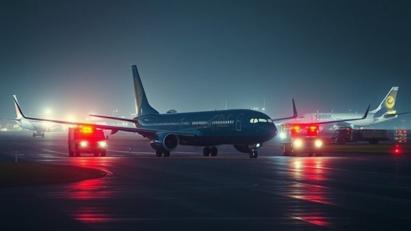 LaGuardia Airport collision scene with crashed airplane at night.