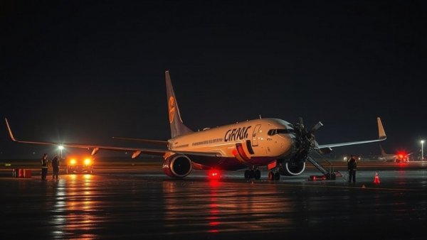 LaGuardia Airport collision scene with damaged airplane and responders.
