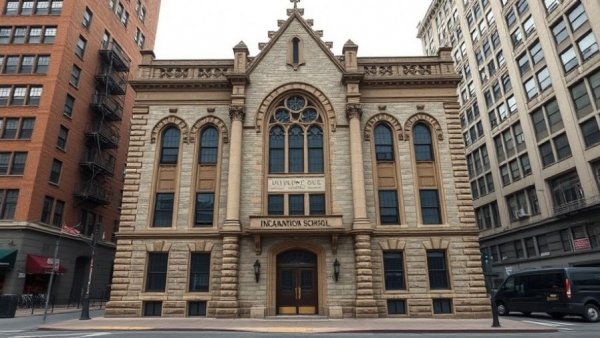 Closure of Incarnation School in Manhattan, historic building, cloudy day.