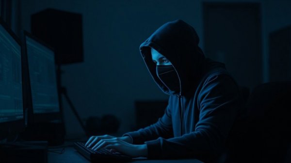 Dark figure with hoodie at computer, Rogue Operator Threat, Agentic AI