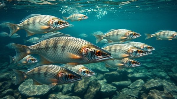 Fish swimming in clear water over a rocky riverbed, augmenting citizen science with computer vision for fish monitoring.