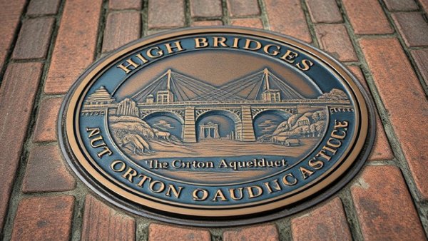 High Bridge historical bronze plaque on brick pavement in NYC