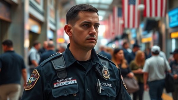 Department of Homeland Security officer in public setting with 'DHS Funding Legislation'.