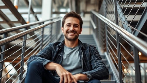 Casually smiling man on modern stairs exploring seeing sounds technology.