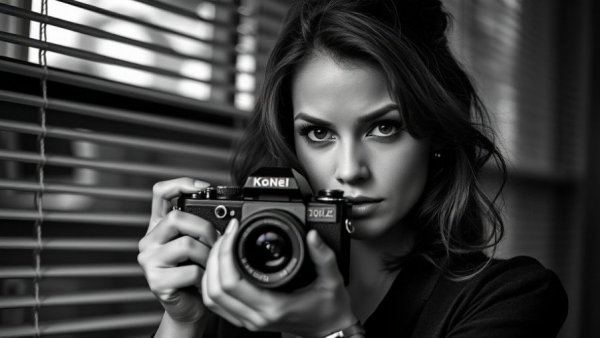 Empowering woman with a camera in vintage portrait.