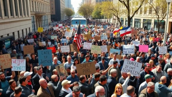 Massive protest with signs and banners calling for justice.