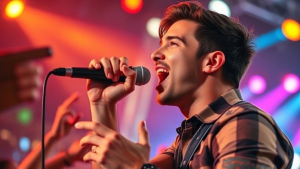 Engaging with fans in celebrity culture, charismatic singer performing on stage.