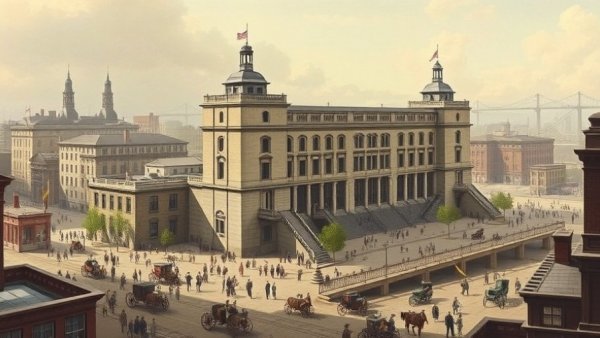 Historic illustration of Croton Distributing Reservoir in 19th-century NYC.