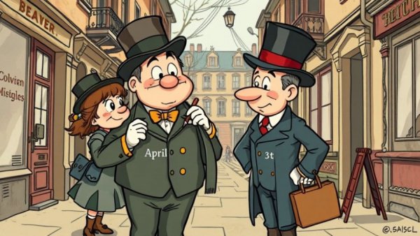 Vintage cartoon of April Fools' prank in 1900s city setting.