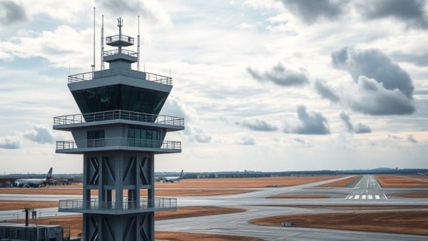 Control tower at airport with runway background, Spain closes airspace.