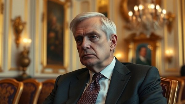Serious older man in suit, thoughtful look, formal setting.