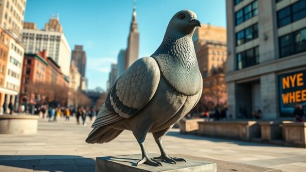 Giant pigeon statue in NYC square, concrete background, daytime.