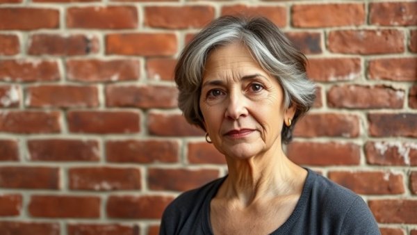 Mature woman in black coat with a calm expression against red brick wall.