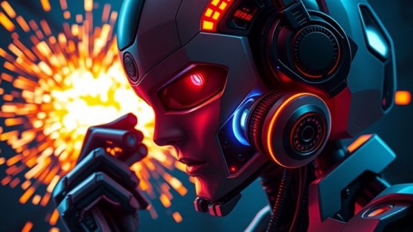 Futuristic AI robot with headphones causing explosive effects.