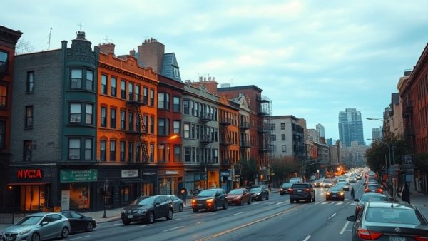 NYCHA apartment buildings on a city street at dusk.