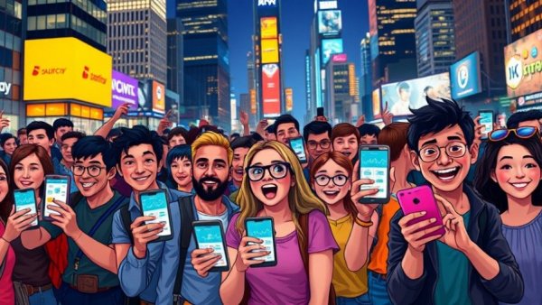 Crowd choosing the right AI model in a vibrant cityscape with smartphones.