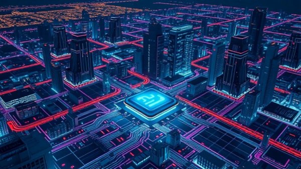 Evaluating the ethics of autonomous systems: AI chip on circuit board with city lights.