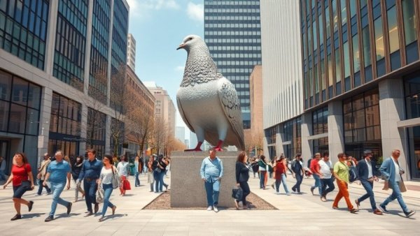 Giant pigeon statue on High Line with people nearby in urban setting.