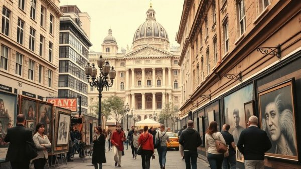 Historical urban art exhibition capturing public engagement.