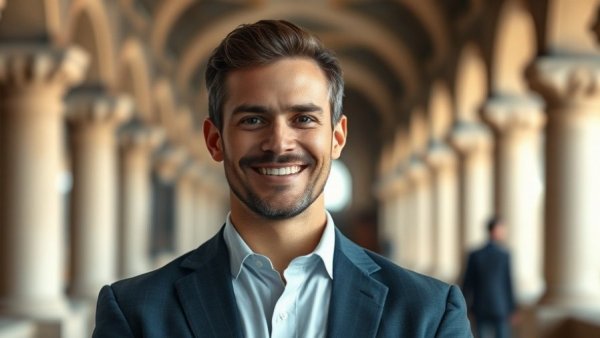 Confident professional man in a bright interior, AI and nuclear energy theme.