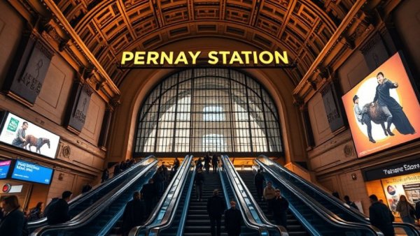 Amtrak Penn Station redevelopment at busy entrance with people.