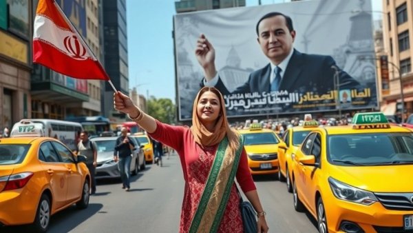 Iran peace deal deadline scene with woman waving flag near political mural in busy street.