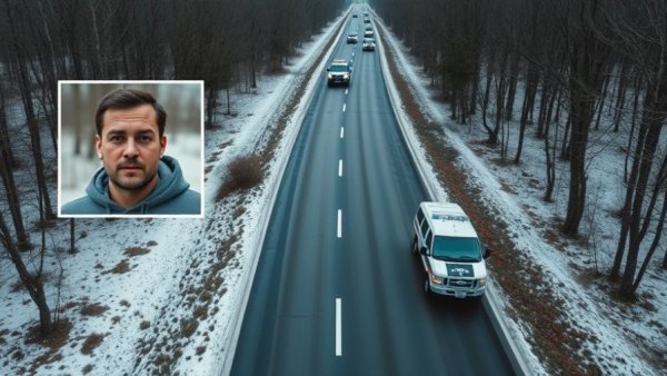 Aerial view of New Hampshire police gunfight scene with winter landscape.