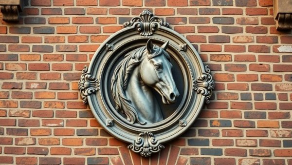 Carriage House Lofts on West 150th Street, detailed horse sculpture on brick wall.
