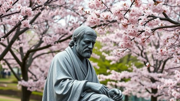 Statue amid cherry blossoms in NYC during the cherry blossom season.